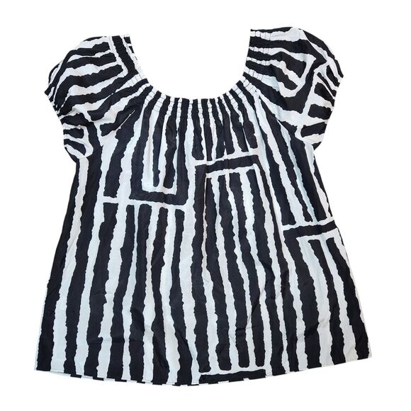 Tibi Top Silk‎ Smocked Off The Shoulder Short Sleeve Flowy Tribal Black White S - Picture 4 of 10